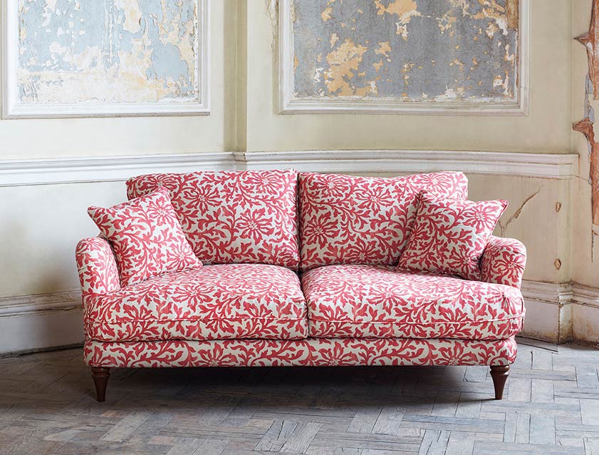 Pugin 2 Seater Sofa in V&A Brompton Collection Floral Scroll Chilli